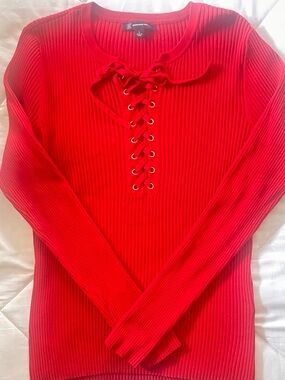 INC International Concepts Red Ribbed Lace-Up Knit Top